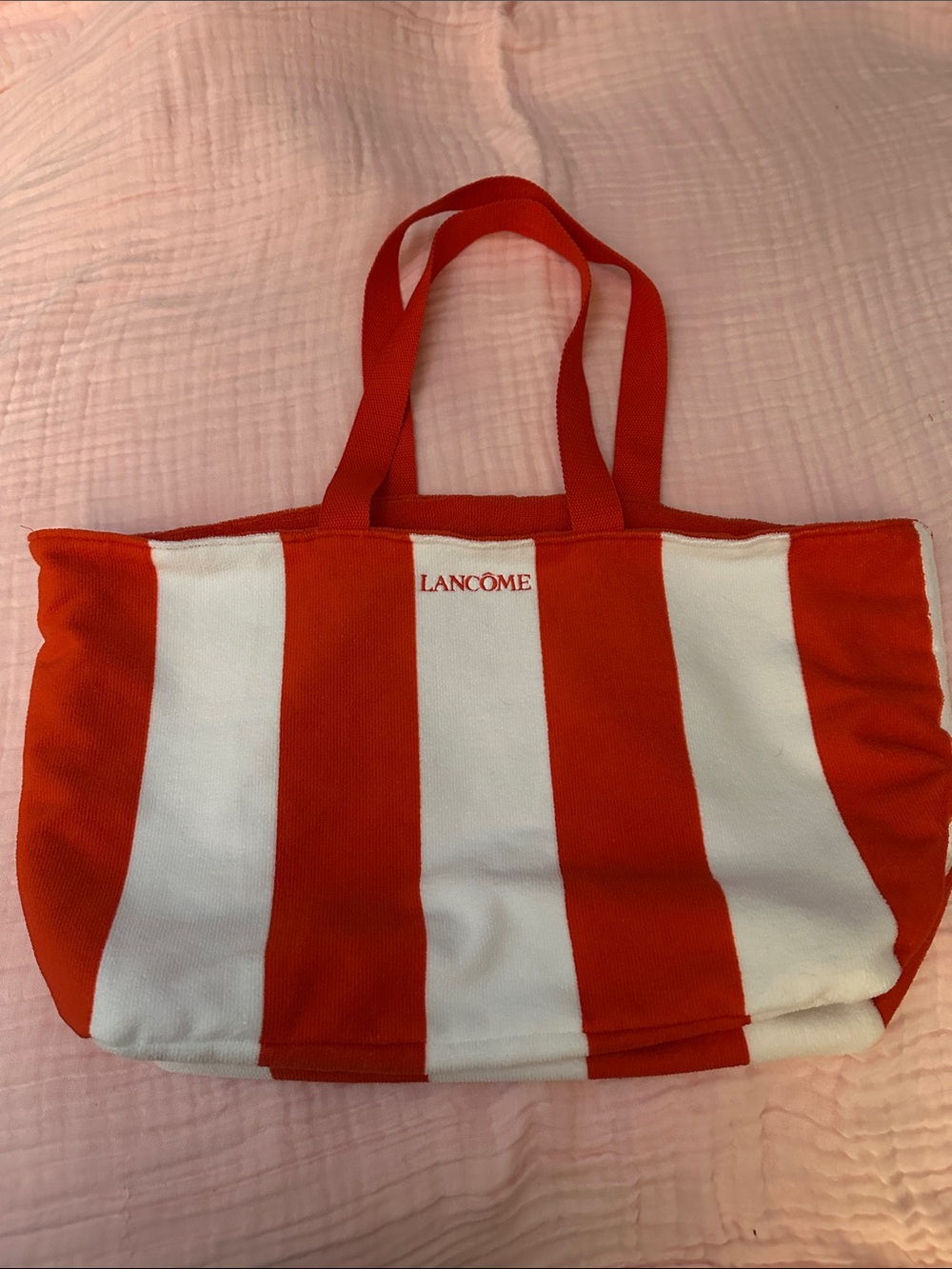 Lancôme Orange and White Stripe Terry Cloth Tote Bag